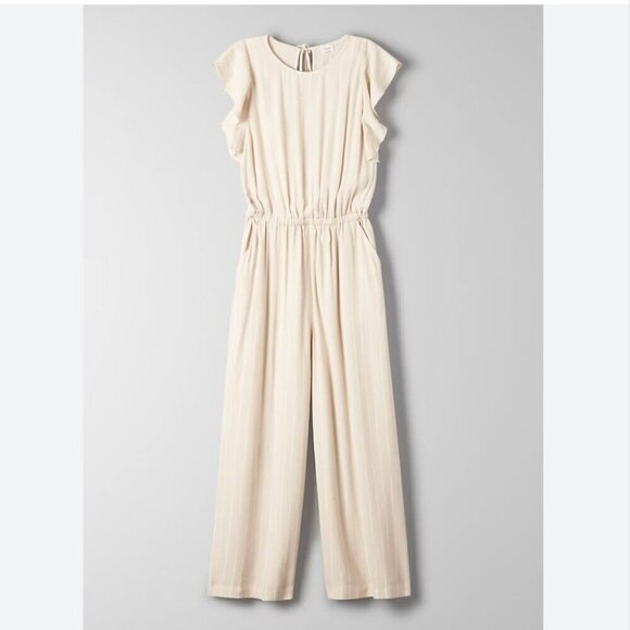 Aritzia Wilfred Fleurette Ruffled Wide Leg Jumpsuit Striped Cream Size Small - Picture 1 of 9